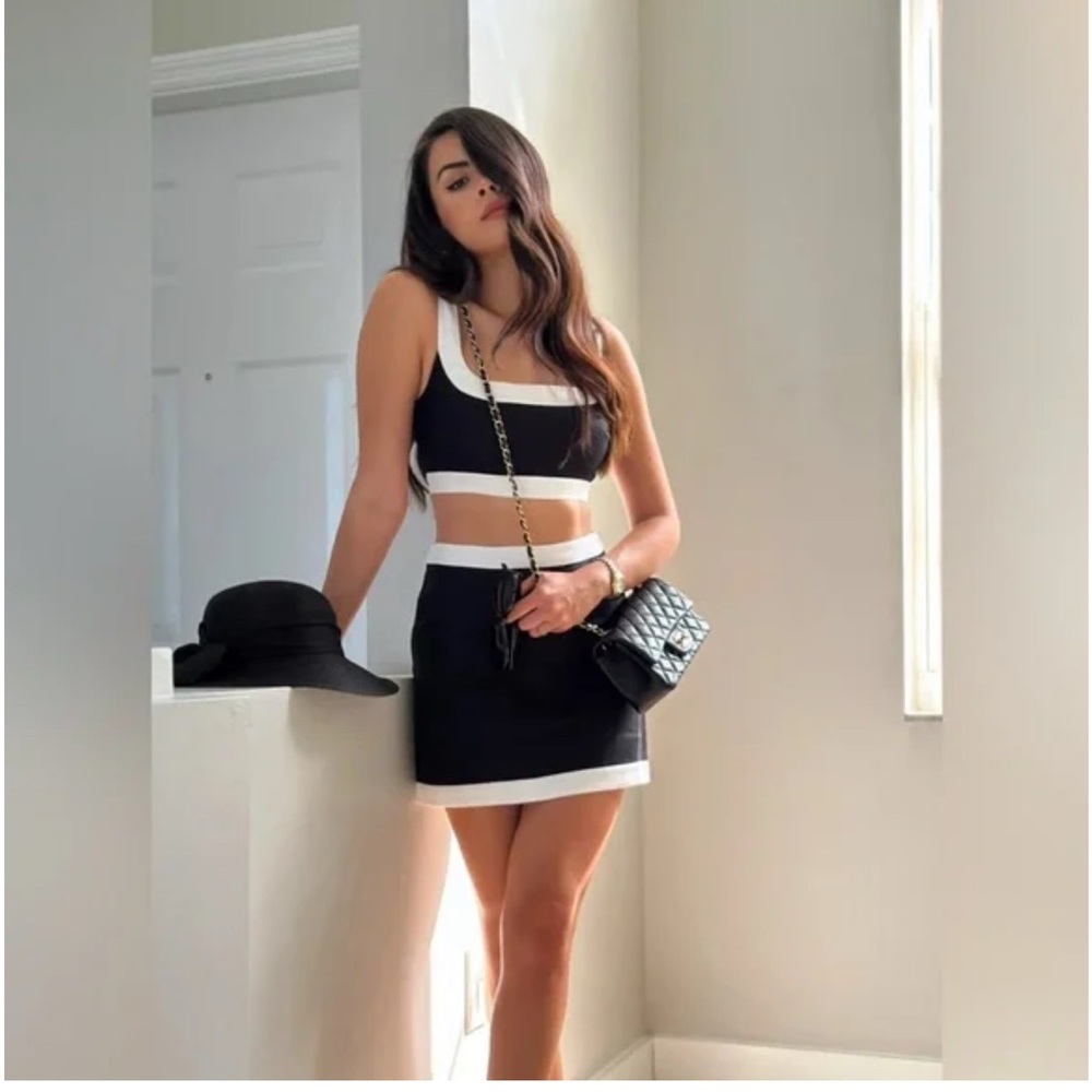 Reformation Black and White Two-Piece Crop Top and Mini Skirt Set - Picture 2 of 5